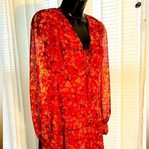 Gorgeous MNG Red Floral Dress With Long Sheer Sleeves and Sexy Back